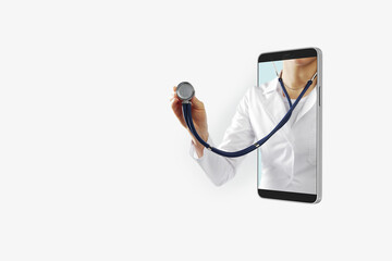 Telemedicine, doctor online and health checkup concept with smartphone and person in medical gown...