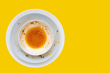 Dirty dishes on yellow background. Top view
