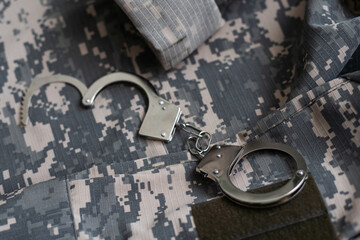 Handcuffs on a Camouflage background. Metal shackles isolated. Law. Limitation. Freedom. Security....