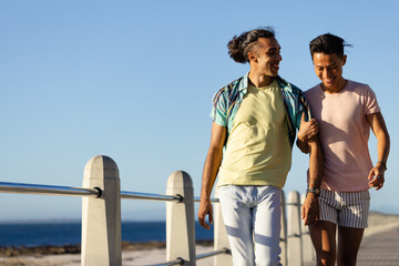 Happy biracial gay male couple walking arm in arm on promenade by the sea, copy space