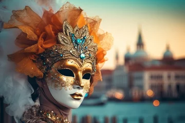 Zelfklevend Fotobehang Venetian Carnival Mask worn by a stylish model, with a blurred cityscape in the background, blending fashion and culture to appeal to a contemporary audience. Generative AI © bluebeat76