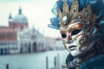 Fototapeta na wymiar Venetian Carnival Mask worn by a stylish model, with a blurred cityscape in the background, blending fashion and culture to appeal to a contemporary audience. Generative AI