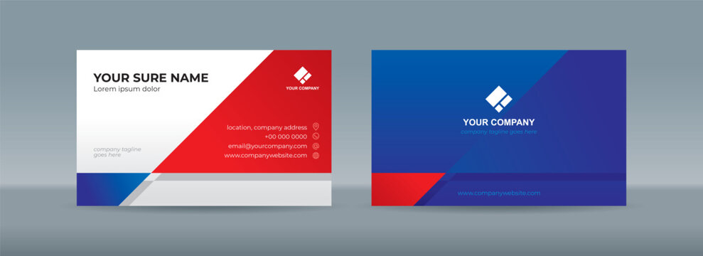 Set Of Double Sided Business Card Templates With Red Blue White Triangle Background