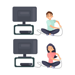 Girl and boy playing video games illustration in color cartoon style. Editable vector graphic design.