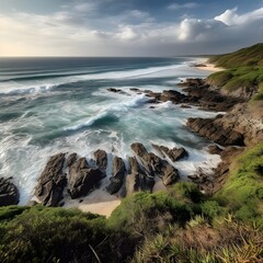 Obraz premium Immerse yourself in the breathtaking beauty of a panoramic view showcasing a rocky coastline kissed by sunshine, overlooking crystal clear waters. Witness nature's pristine allure.