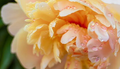 Fototapeta na wymiar yellow rose with drops, Blooming yellow peony with many small water drops in macro, wallpaper, Textured backdrop, Close up of smooth coral yellow petals of peony flowers in soft focus