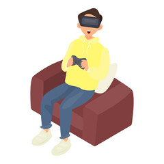 Boy playing vr game illustration in color cartoon style. Editable vector graphic design.