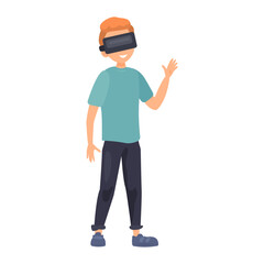 Boy with red hair wearing vr glasses illustration in color cartoon style. Editable vector graphic design.