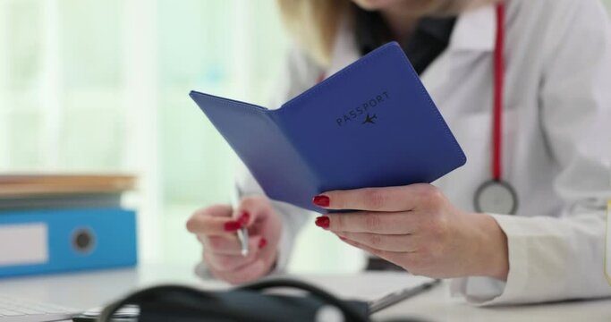 Doctor filling in patient medical history and entering personal data from passport closeup 4k movie. Patient personal confidential data concept