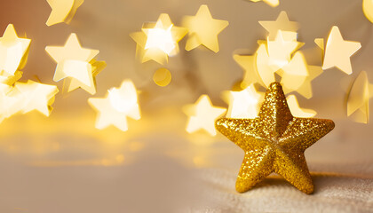Fototapeta na wymiar Light Xmas composition, Christmas theme. wallpaper, backdrop for web design, greeting or invitation card. Happy holidays celebration, Banner of golden shiny star on soft background with yellow bokeh o