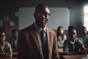 Portrait of african male teacher with his students. Generative AI., Generative AI