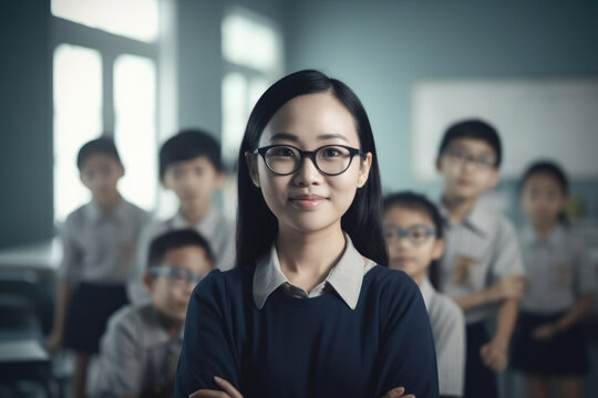 Portrait of female asian teacher with his students. Generative AI., Generative AI