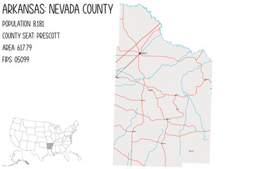 Large and detailed map of Nevada County in Arkansas, USA.