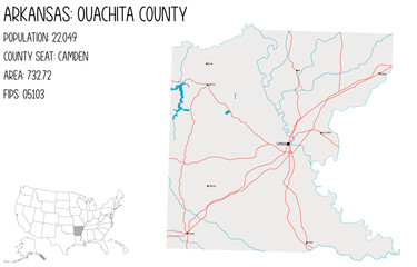 Large and detailed map of Ouachita County in Arkansas, USA.