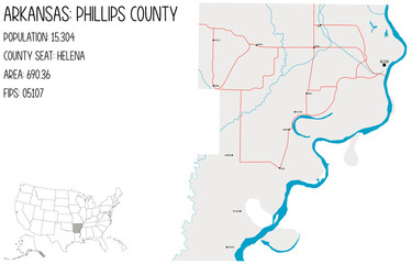 Large and detailed map of Phillips County in Arkansas, USA.