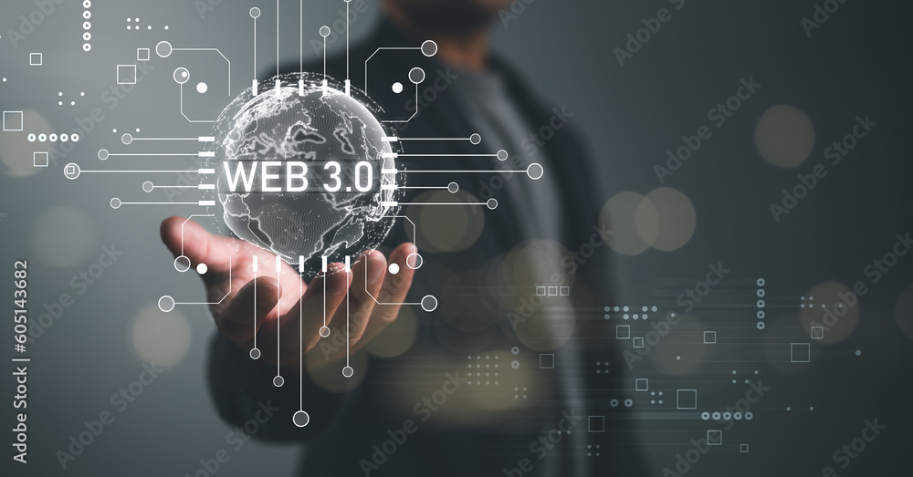 Poster web 3.0 concept image with businessman hand show web 3.0 with globe. technology global network, bloc