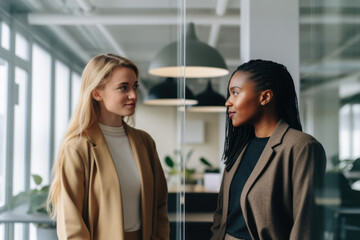 Two young workers standing in the office, Generative AI