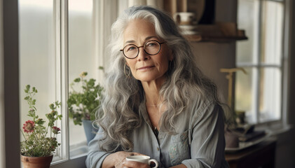 Pensive retired woman near the window. Generative AI, Generative AI