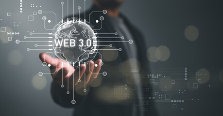 Web 3.0 concept image with businessman hand show web 3.0 with globe. Technology global network,...