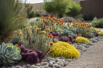 Deurstickers Xeriscaping is the process of landscaping, or gardening, that reduces or eliminates the need for irrigation. xeriscaped landscapes need little or no water. AI generative © irissca