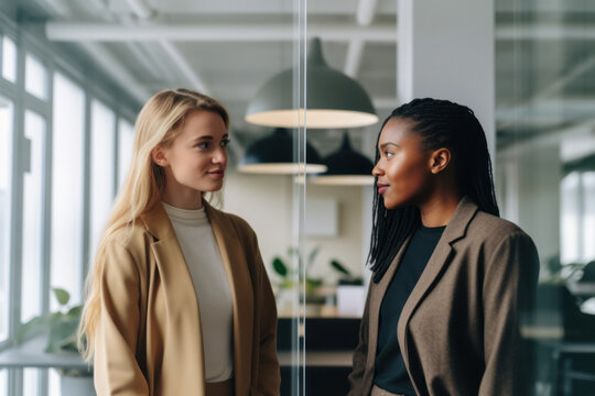 Two young workers standing in the office, Generative AI