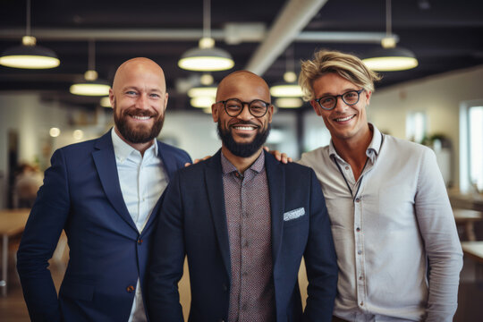 three smiling multi-ethnic businessmen standing in office, Generative AI