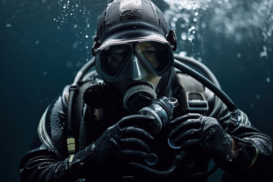 Diver in deep. Underwater. Generative AI, Generative AI