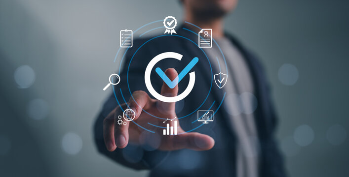 Quality control Businessman touch on virtual correct sign or tick mark with document icon for approve quality assurance and guarantee concept, online approve paperless and quality assurance concept.