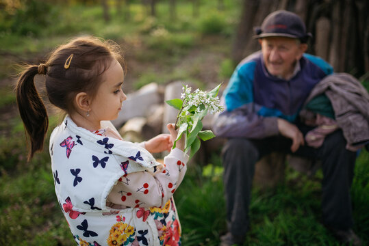 Little girl giving a flowers to her great grandfather in nature