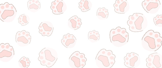 Cute pink paw footprints background vector. Hand drawn animal, pet, cat paw silhouette pattern, kitten, puppy walking. Footsteps illustration design for fabric, decorative, sticker, wallpaper, kids © TWINS DESIGN STUDIO