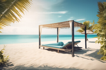 Fototapeta na wymiar Holiday location on a tropical island with palm trees and amazing tropical vibrant beach. 