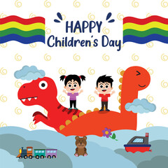 Fototapeta premium Feeds Happy Children Day's Hand Drawn Play with Dinosour Dreams V2 Illustration