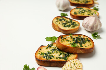 Tasty toasts with garlic, homemade products appetizer