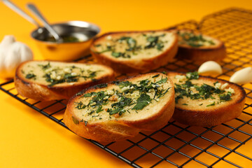 Tasty toasts with garlic, homemade products appetizer