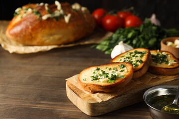 Tasty toasts with garlic, homemade products appetizer