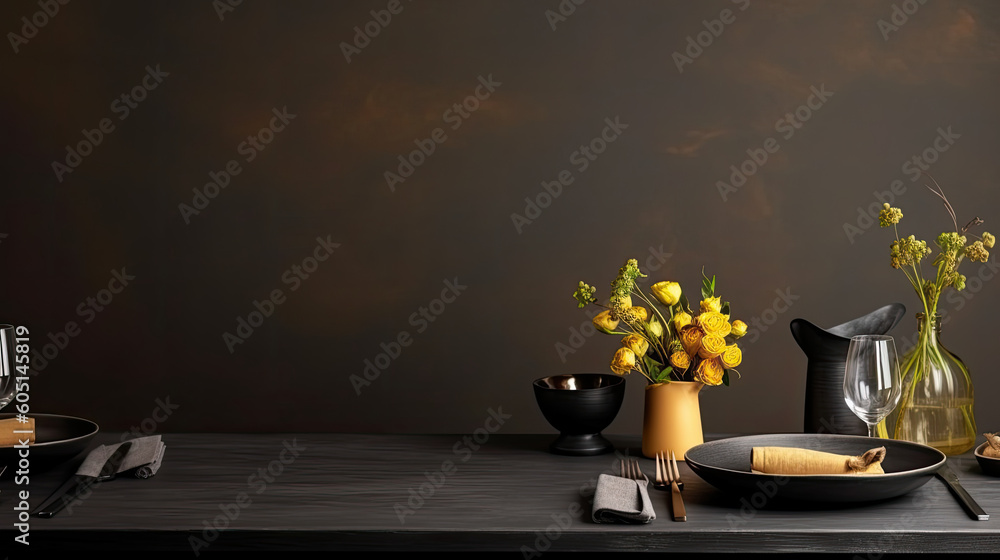 Poster stylish table setting with mimosa flowers in vase on dark. background with empty space for text. gen