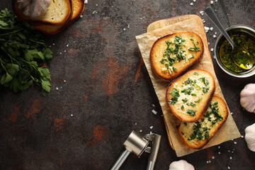 Tasty toasts with garlic, homemade products appetizer
