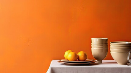 Ceramic tableware and oranges on table. Background with empty space for text. Generative AI
