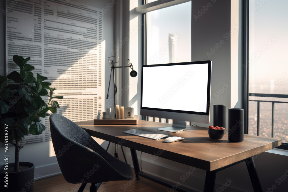 Aufkleber modern computers on desks and chairs in home office, wide view with windows and natural light. inclu