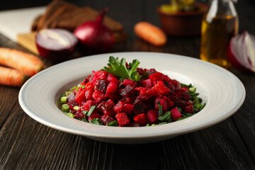 Concept of tasty food, cold dish - Vinaigrette salad