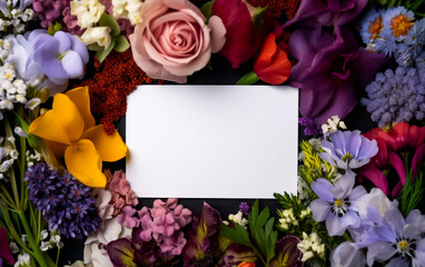 A blank white card surrounded by vibrant summer flowers in white, orange and black autumn colors. Copy space, greeting card. Shallow depth of field, Illustrative Generative AI.