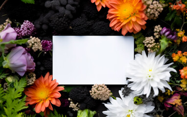 A blank white card surrounded by vibrant summer flowers in white, orange and black autumn colors. Copy space, greeting card. Shallow depth of field, Illustrative Generative AI.