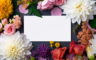 A blank white card surrounded by vibrant summer flowers in white, orange and black autumn colors. Copy space, greeting card. Shallow depth of field, Illustrative Generative AI.