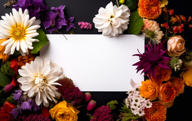 A blank white card surrounded by vibrant summer flowers in white, orange and black autumn colors. Copy space, greeting card. Shallow depth of field, Illustrative Generative AI.