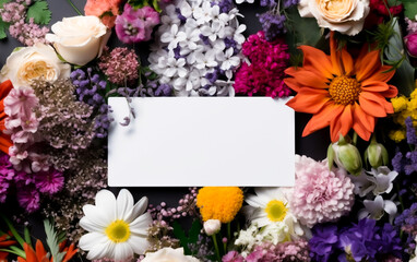 A blank white card surrounded by vibrant summer flowers in white, orange and black autumn colors. Copy space, greeting card. Shallow depth of field, Illustrative Generative AI.
