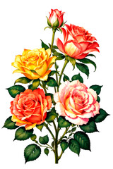 Colorful roses on white background, watercolor style. 