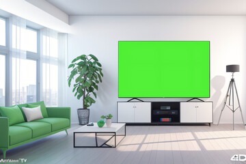 Smart TV with chroma key in modern interior background. On top of that, there are decorations. Template, 4K 3D rendering, 3D illustration animation. Generative AI.