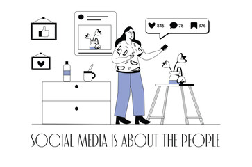 Social media concept wit people scene in the flat cartoon design. The girl checks the activity of her followers in social networks. Vector illustration.