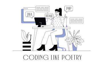 Programing software concept wit people scene in the flat cartoon design. A programmer is working on writing a large piece of code for an application. Vector illustration.