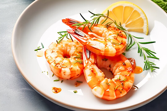 Close up fried roasted shrimps or prawns with lemon slices and rosemary on white plate. Seafood photo suitable for restaurant menu. Sea healthy food. Mediterranean diet. Generative ai